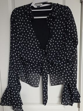 American Eagle Outfitters Black and White Polka Dot Tie-Front Blouse